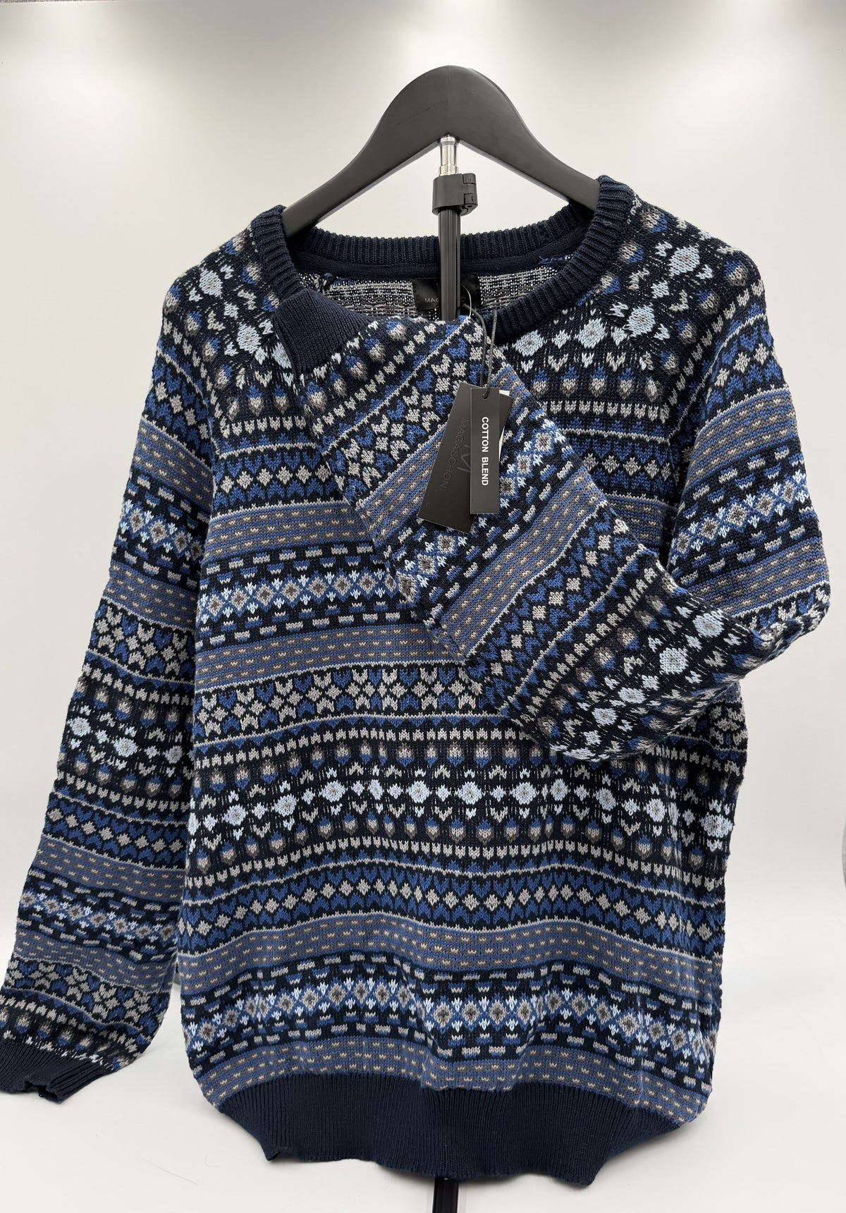 Magaschoni L/G Sweater Navy/Light Blue Combo Cotton Blend Multi Pattern Knit - Image 1